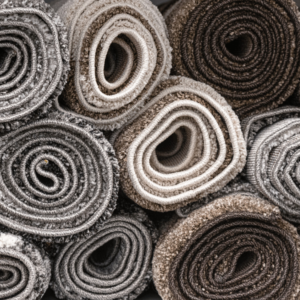 rolls of carpet remnants bound into rugs