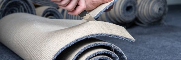 Carpet installer cutting into a carpet roll